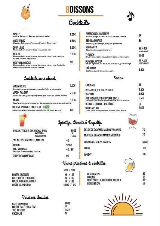 Menu boissons
